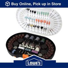 an assortment of sewing tools in a plastic case with the words buy online, pick up in store