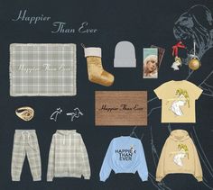 a blackboard with clothes and other items on it that include socks, sweaters, booties