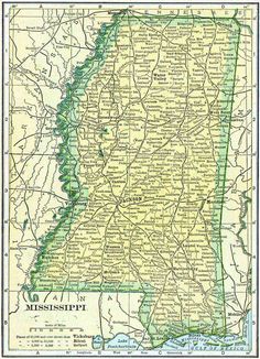 an old map of mississippi with all the roads and major cities in green on it