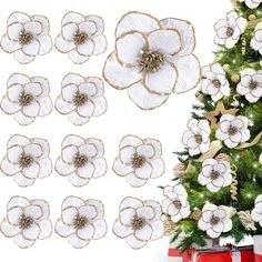 christmas tree decorations with white and gold flowers