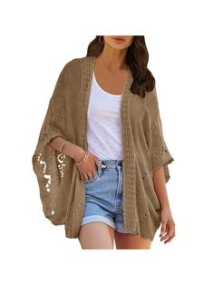 BZB Crochet Cardigan Sweaters For Women Open Front Kimono Batwing Sleeve Plain Casual Lightweight Outerwear Camel Casual  Three Quarter Length Sleeve  Plain    Women Clothing, size features are:Bust: ,Length: ,Sleeve Length: Brown Bohemian Open Front Cardigan, Bohemian Brown Long Sleeve Kimono, Brown Open Front Knitted Cardigan, Brown V-neck Summer Cardigan, Oversized Brown Bohemian Cardigan, Crochet Cardigan Sweater, Cardigan Sweaters, Cardigan Sweaters For Women, Batwing Sleeve