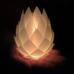 a hand holding a lit up white paper lotus ornament in it's palm