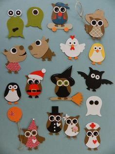 an assortment of paper cut outs with different types of owls and birds on them for halloween