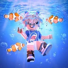 an animated character floating in the water with clown fish around him