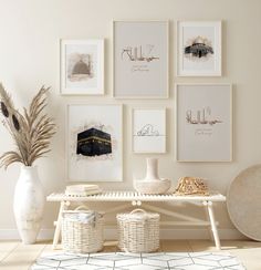 a white table topped with lots of pictures and vases