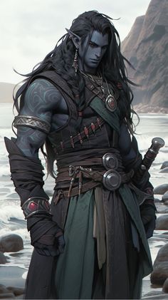 a man with long black hair standing on rocks near the ocean and holding two swords