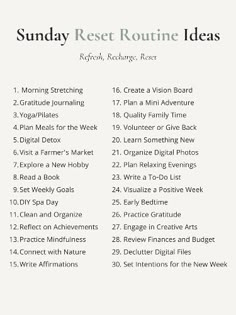 Creating a Sunday reset routine is important for starting the new week off on the right foot. It can help you feel more organized, focused, and reduce stress levels. Save this Sunday reset routine checklist for inspiration! Reset Routine Checklist, Reset Ideas, Sunday Reset Routine, Sunday Rest, Reset Routine, Sunday Reset, Sunday Routine, Routine Checklist, Routine Ideas