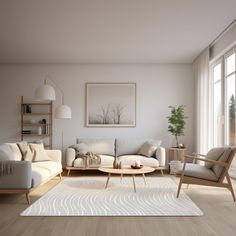 a living room filled with furniture and a white rug on top of a hard wood floor