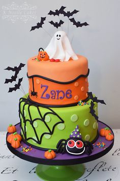 a three tiered cake decorated with halloween decorations