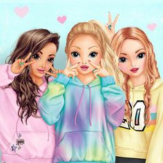 Kawaii Girl Drawings, Bff Pics, Friends Sketch, Best Friend Drawings, Best Friends Cartoon, Bff Drawings, Three Girls, Friend Cartoon