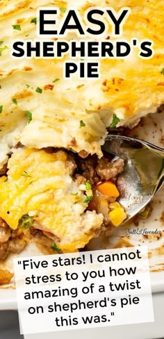 an easy shepherd's pie is shown with a fork in it