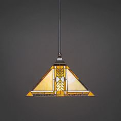 a stained glass light hanging from a ceiling