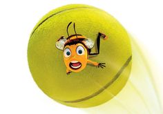 a yellow ball with a cartoon bee on it's face and arms, holding a tennis racquet