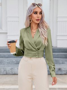 Verde Elegante Collar manga larga Tela tricotada Liso Camisa Embellished No-Elástico Formal Blouses, Rose Bonbon, Professional Attire, Plain Tops, Plain Shirts, Cool Street Fashion, Crop Blouse