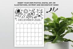 an image of a desk calendar with plants in the background and text that reads, insert your own photos, digital art or illustration