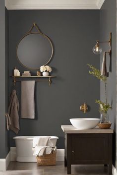 bathroom decorating, interior design, wall painting, home renovation Small Half Bath Color Ideas, Bathroom Iron Ore, Sw Iron Ore Bathroom, Dark Paint Small Bathroom, Sherwin Williams Iron Ore Bathroom, Dark Bathroom Wall Color, Charcoal Bathroom Walls, Paint Ideas For Bathroom Walls, Iron Ore Bathroom Walls