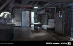 the interior of a sci - fi space station with beds, desks and cabinets