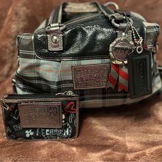 Coach Poppy Tartan Small Bag Coach Poppy Tartan Keychain Wallet This Has Wear And Tear On This Bag, As Well As Stain On Inside. Coach Black Bag With Removable Pouch, Coach Red Wallet With Removable Pouch, Coach Bag With Removable Pouch For On-the-go, Coach Black Satchel With Silver-tone Hardware, Black Coach Satchel With Silver-tone Hardware, Coach Poppy, Keychain Wallet, Bags Coach, Small Wallet