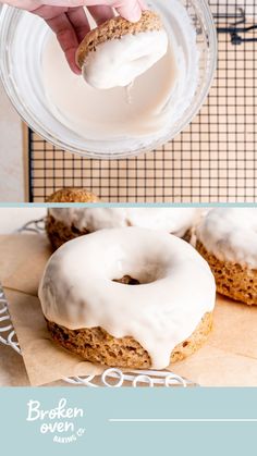 a person holding a frosted donut in front of a glass bowl with milk