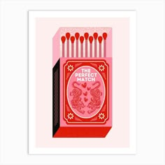 the perfect match card in red and pink with white candles on it, as well as an image of two cats