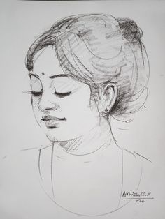 a drawing of a woman's face with her eyes closed and hair pulled back