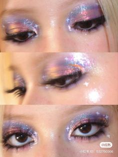 Glam Makeup Purple, Y2k Make Up, Y2k Girl Aesthetic, Eyeshadow Colorful, Glittery Makeup, Colorful Y2k, Glittery Eyeshadow, Makeup Purple