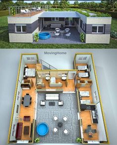 two different views of a house from above and below, with the same floor plan