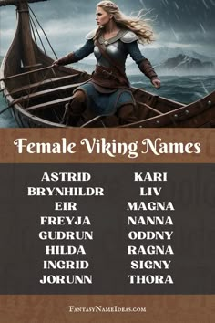 the poster for female viking names in front of an image of a woman on a boat