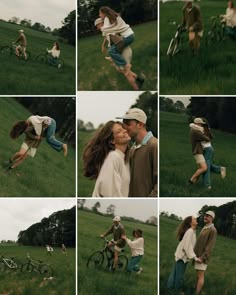 a collage of people in the grass with bicycles