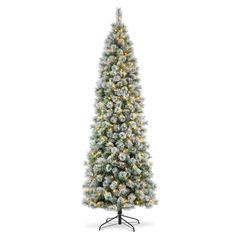 a white christmas tree with lights and snow on the top, in front of a white background