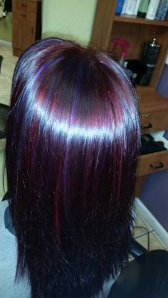 Red Purple Hair Highlights, Black Hair With Red And Purple Highlights, Dark Multi Colored Hair, Red And Purple Streaks Hair, Purple Hair With Red Highlights, Purple And Red Hair Highlights, Pink And Purple Skunk Stripe Hair, Purple Hair Blue Highlights, Dark Red And Blue Hair