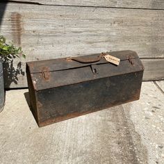 an old suitcase sitting on the ground next to a potted plant