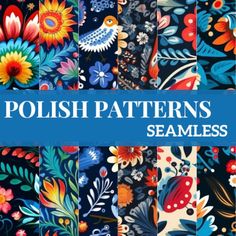 the cover of polish patterns seamless, with colorful flowers and birds in blue background