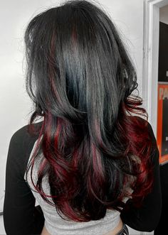 Red Hair Streaks, Black Red Hair, Red Hair Inspo, Peekaboo Hair, Wine Hair