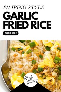 an advertisement for garlic fried rice with chopsticks and green onions on the side