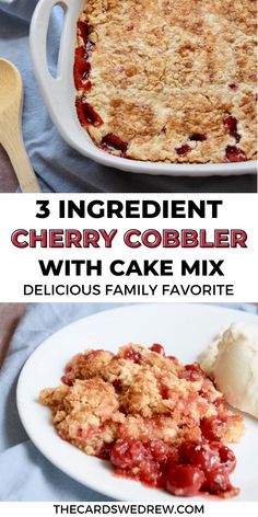 cherry cobbler with cake mix in the middle and three images below to show it's ingredients