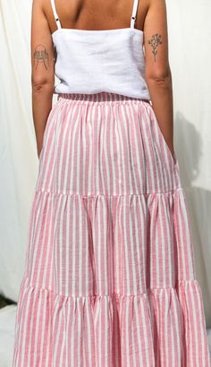 Maxi Striped Linen Tiered Skirt With Elasticated Waist OFFON | Etsy Linen Bottoms, Linen Fashion, Womens Skirts, Ruffled Skirt, Multi Pattern, Sewing Skirts, Beautiful Skirts, Stripe Skirt, Tier Skirt