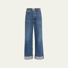 AGOLDE "Dame" wide-leg jeans featuring a cuffed hem in medium-wash denim Five-pocket style High rise Loose fit Full length Button/zip fly; belt loops Cotton Imported Blazers Casual, Agolde Jeans, Women's Blazers, Jean Flare, Cuffed Jeans, Vintage Silhouette, Wide Jeans, Straight Leg Denim, Relaxed Fit Jeans