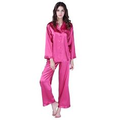 The material is soft, beautiful, and comfortable sleepwear, a nice pajama for your wardrobe. The perfect gift - it is a wonderful gift for family and friends, a Christmas gift selection. Different styles are available for you. The silky look and feel make this robe extra cozy and luxurious. Two-piece pajama style with pants, elastic waistband, easy to on and off Alwyn Home Size: L, Color: Fuchsia | Alwyn Home RH Two Pice Pajamas Set Satin Sleepwear Long Nightwear Lounge Pajama PJS RHW2742 34.0 H Womens Halloween Pajamas, Style With Pants, Pajama Style, Plus Size Sleepwear, Satin Sleepwear, House Clothes, Pajama Dress, Lounge Pajamas, Satin Pyjama Set