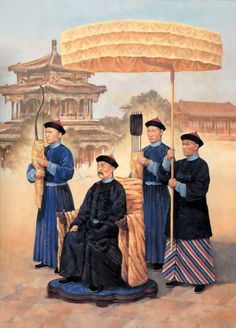 an old painting of three men holding a large umbrella