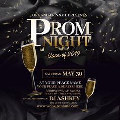 an event poster for prom night with two glasses of champagne on black satin and gold confetti