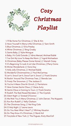 the christmas playlist is shown in red, green and white with holly wreaths on it