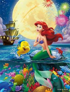 the little mermaid and flound fish in front of a full moon, with fireworks