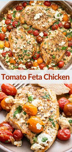 two pictures with different types of food in them and the words tomato feta chicken