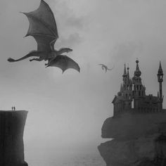 a black and white photo of a dragon flying over a castle on top of a cliff