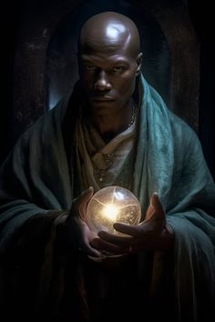 a man holding a crystal ball in his hands