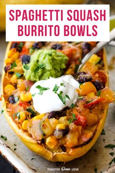 the stuffed squash is topped with guacamole, black beans and sour cream