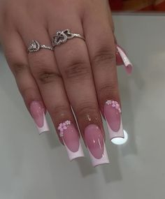 Birthday Nails With Initial, Pink Nail Designs French Tips, Initial Acrylic Nail Designs, Nails With Pink Base, Pink On Pink French Tip Nails, E Initial Nails, Initial Nail Designs, K Initial Nails, French Tip With Initial