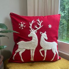 Red and White Winter Deer White Pillow Cover, Winter Deer, Rustic Holiday Decor, White Pillow Covers, Winter Szenen, Embroidered Throw Pillows, Embroidered Pillow Covers, Festive Holiday Decor, Deer Design