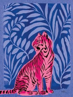 a pink tiger sitting on top of a blue and purple background with palm leaf designs